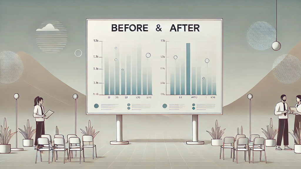 An illustration showing a room with a large board, displaying "Before & After" with graphs. There are several people standing in the room and chairs arranged in an audience configuration.