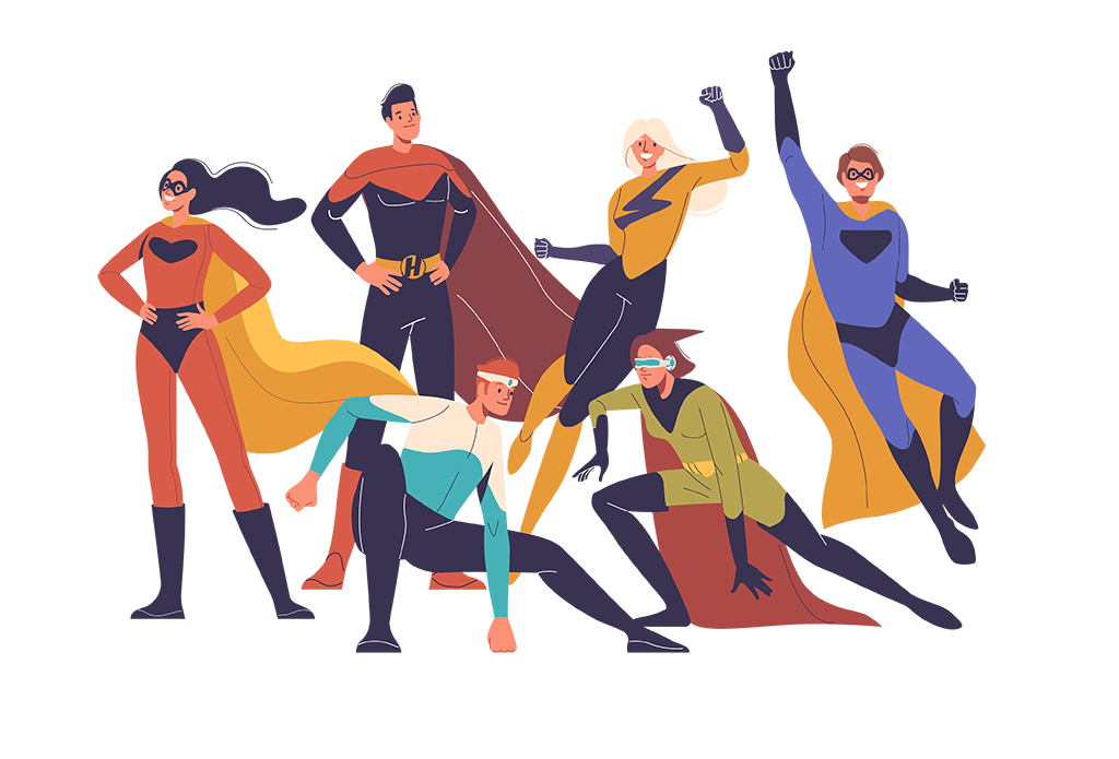 A cartoon showing a group of men and women wearing superhero-style costumes, in various action poses.